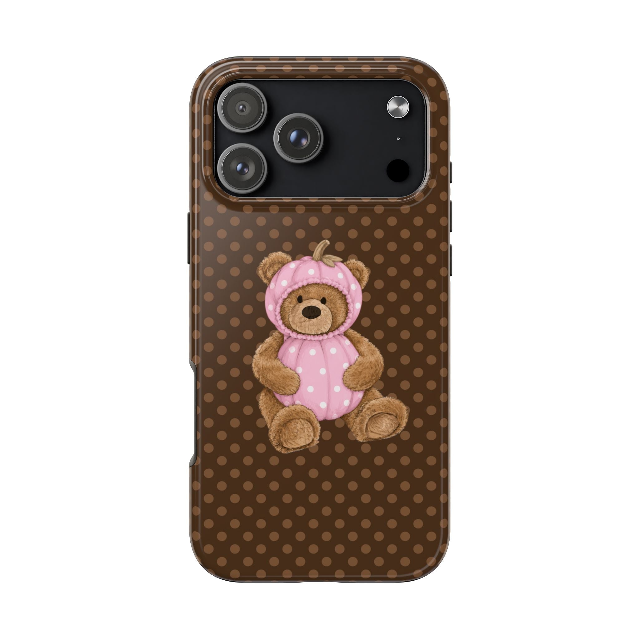 BROWN POLKA DOTS HALLOWEEN PINK PUMPKIN TEDDY BEAR PHONE CASE