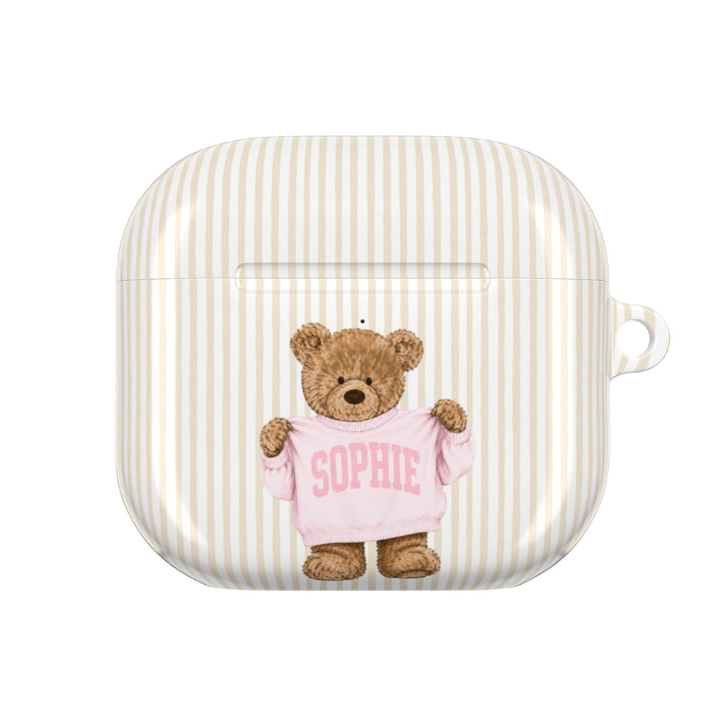 PERSONALIZED VARSITY SWEATER BEIGE STRIPES CUSTOM TEDDY BEAR NAME AIRPOD CASE