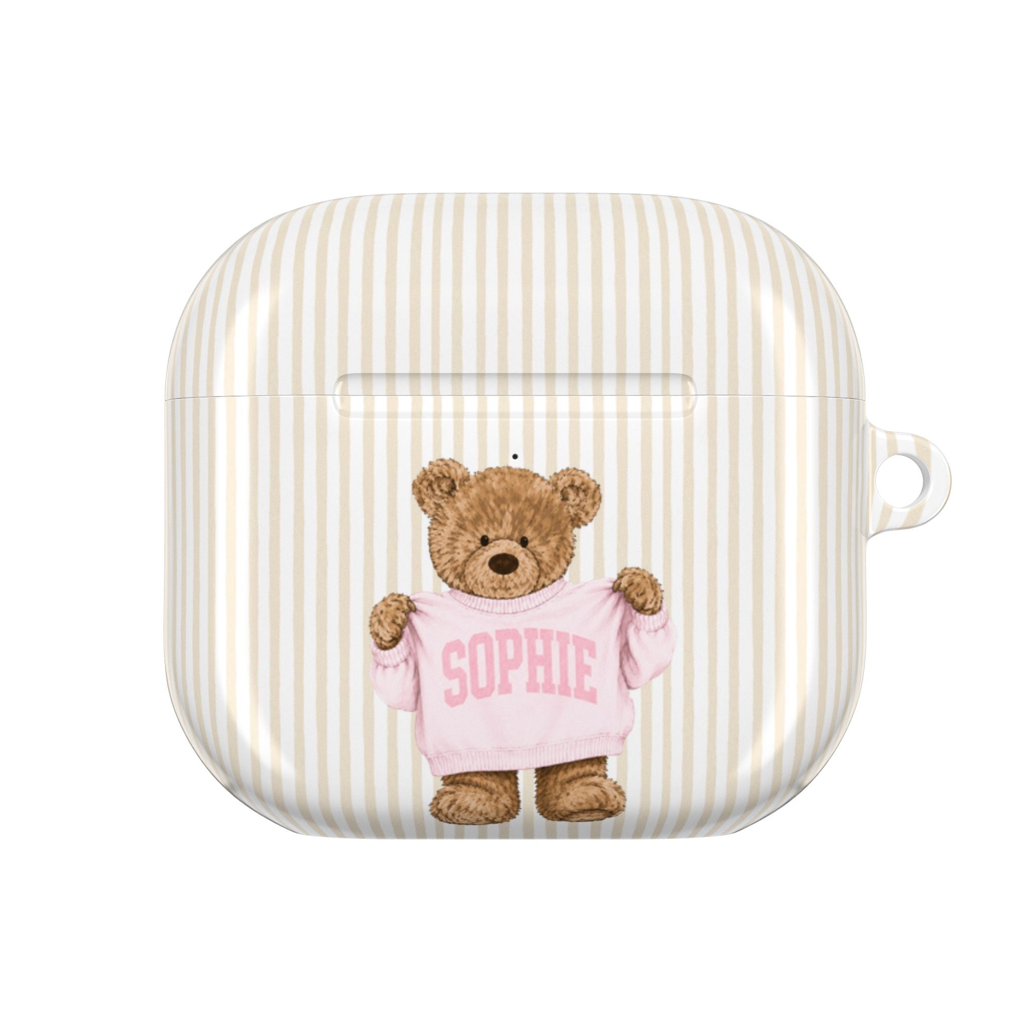 PERSONALIZED VARSITY SWEATER BEIGE STRIPES CUSTOM TEDDY BEAR NAME AIRPOD CASE