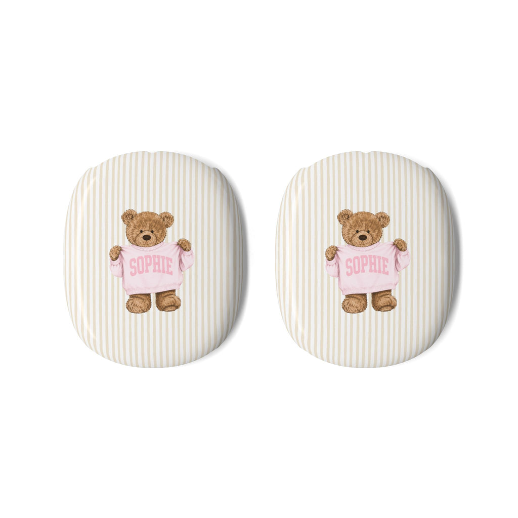PERSONALIZED VARSITY SWEATER BEIGE STRIPES CUSTOM TEDDY BEAR NAME AIRPODS MAX CASE COVERS