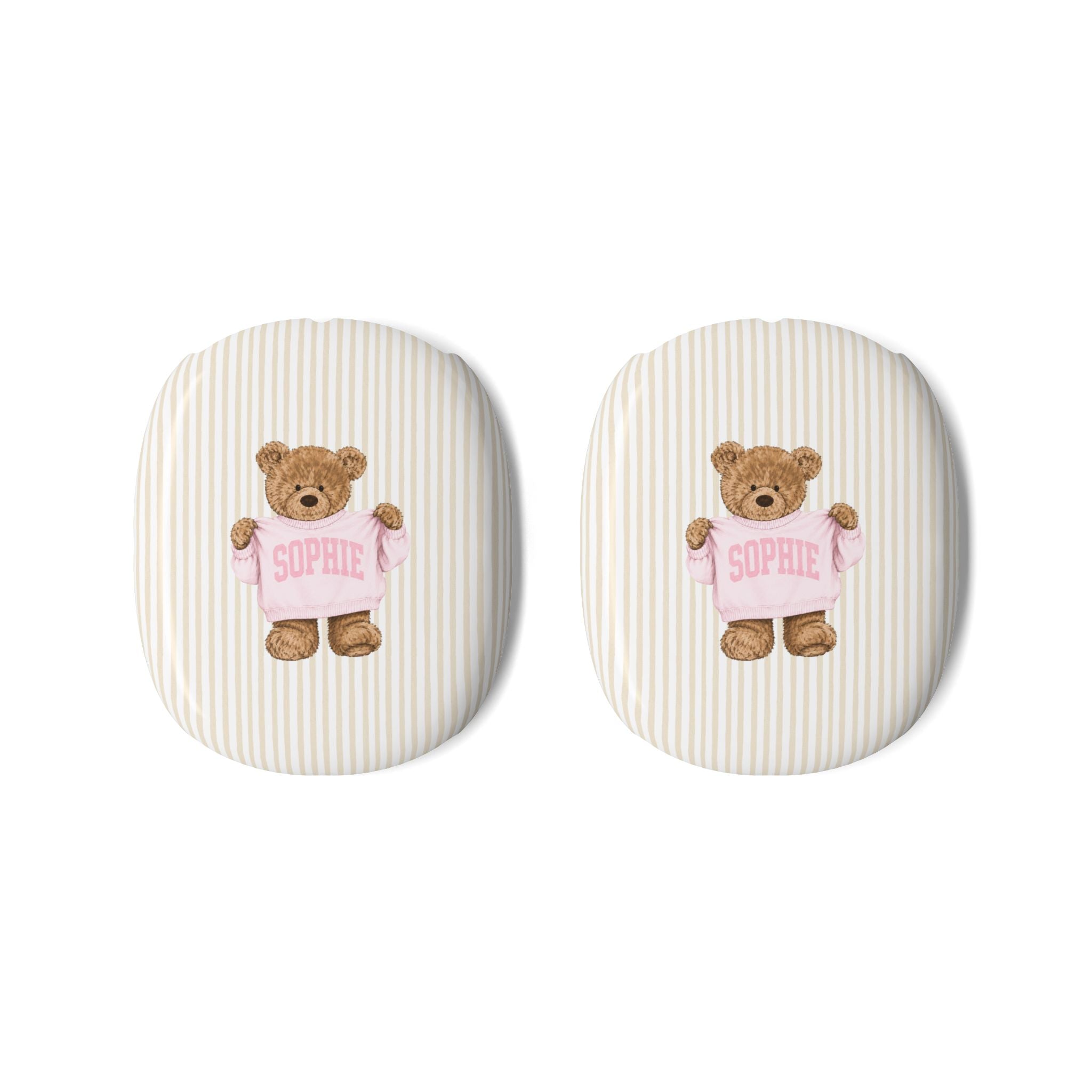 PERSONALIZED VARSITY SWEATER BEIGE STRIPES CUSTOM TEDDY BEAR NAME AIRPODS MAX CASE COVERS