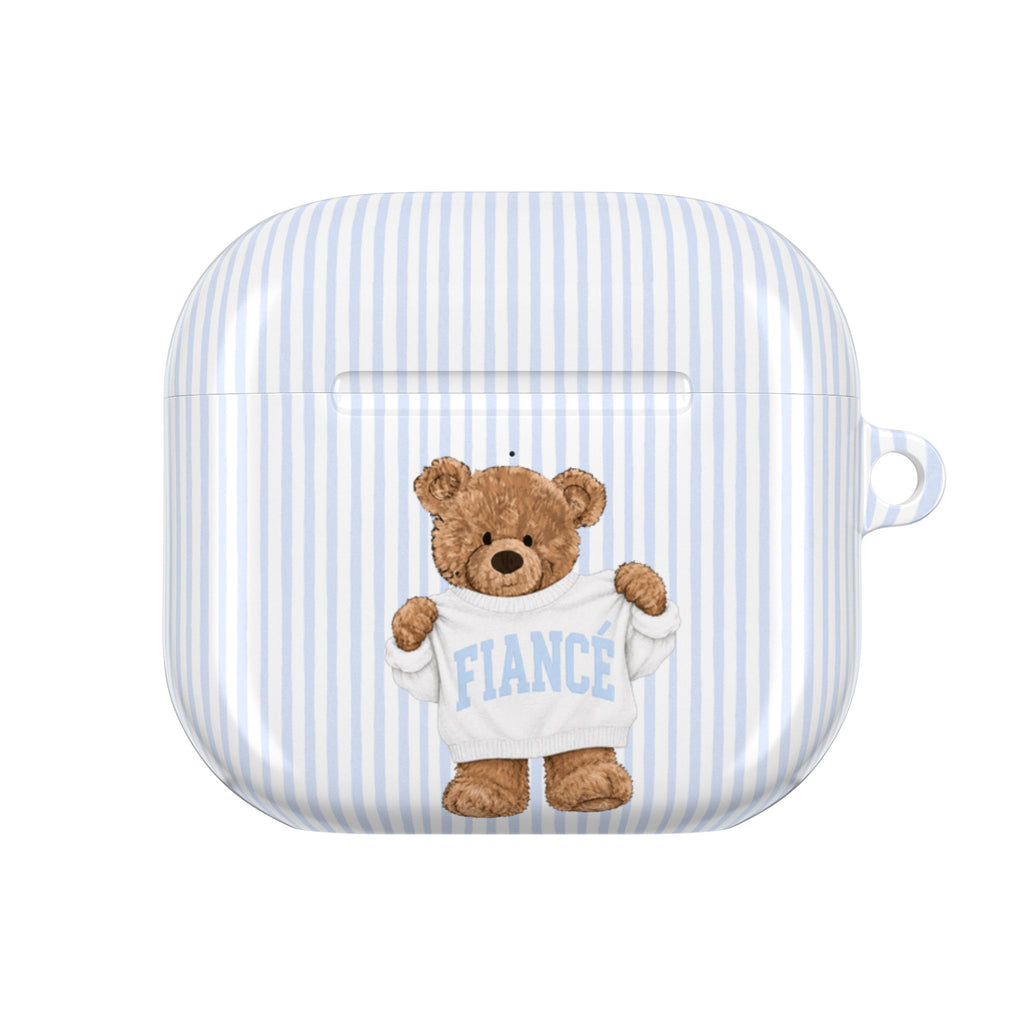 PERSONALIZED VARSITY SWEATER BLUE STRIPES CUSTOM TEDDY BEAR FIANCE NAME AIRPOD CASE