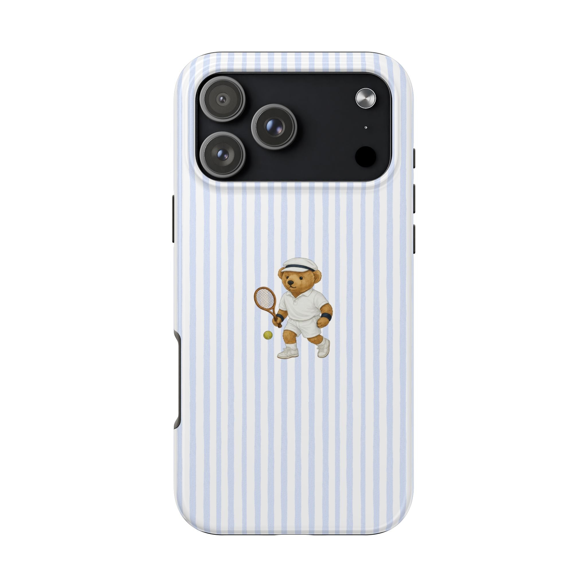 Light blue vertical striped phone case with centered tennis teddy bear graphic