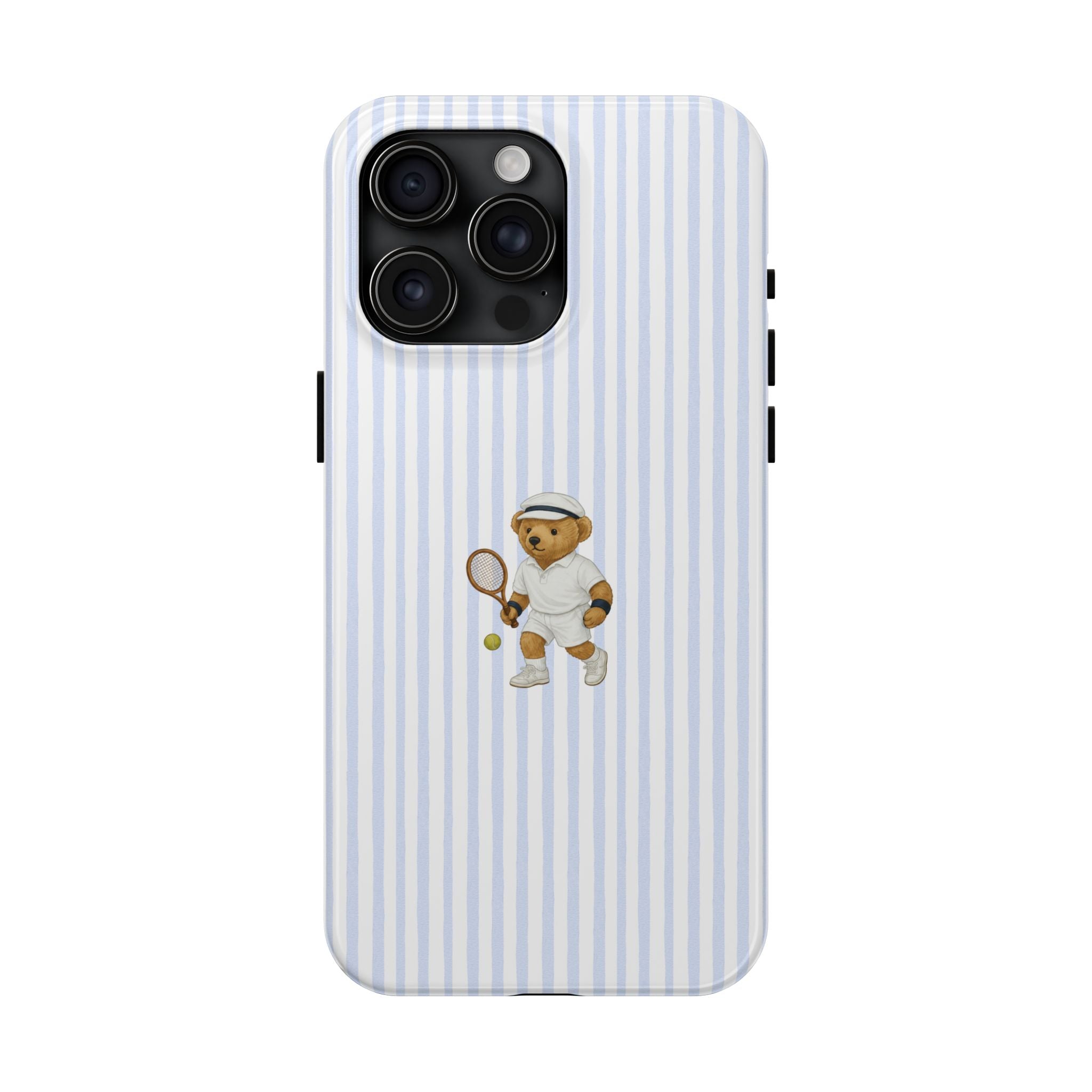 Light blue striped phone case with small tennis teddy bear design and camera bump