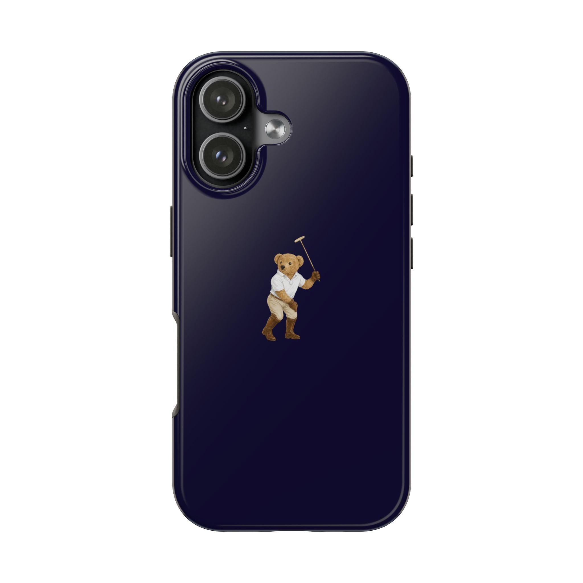Beaumont navy blue teddy bear phone case with small bear character on back