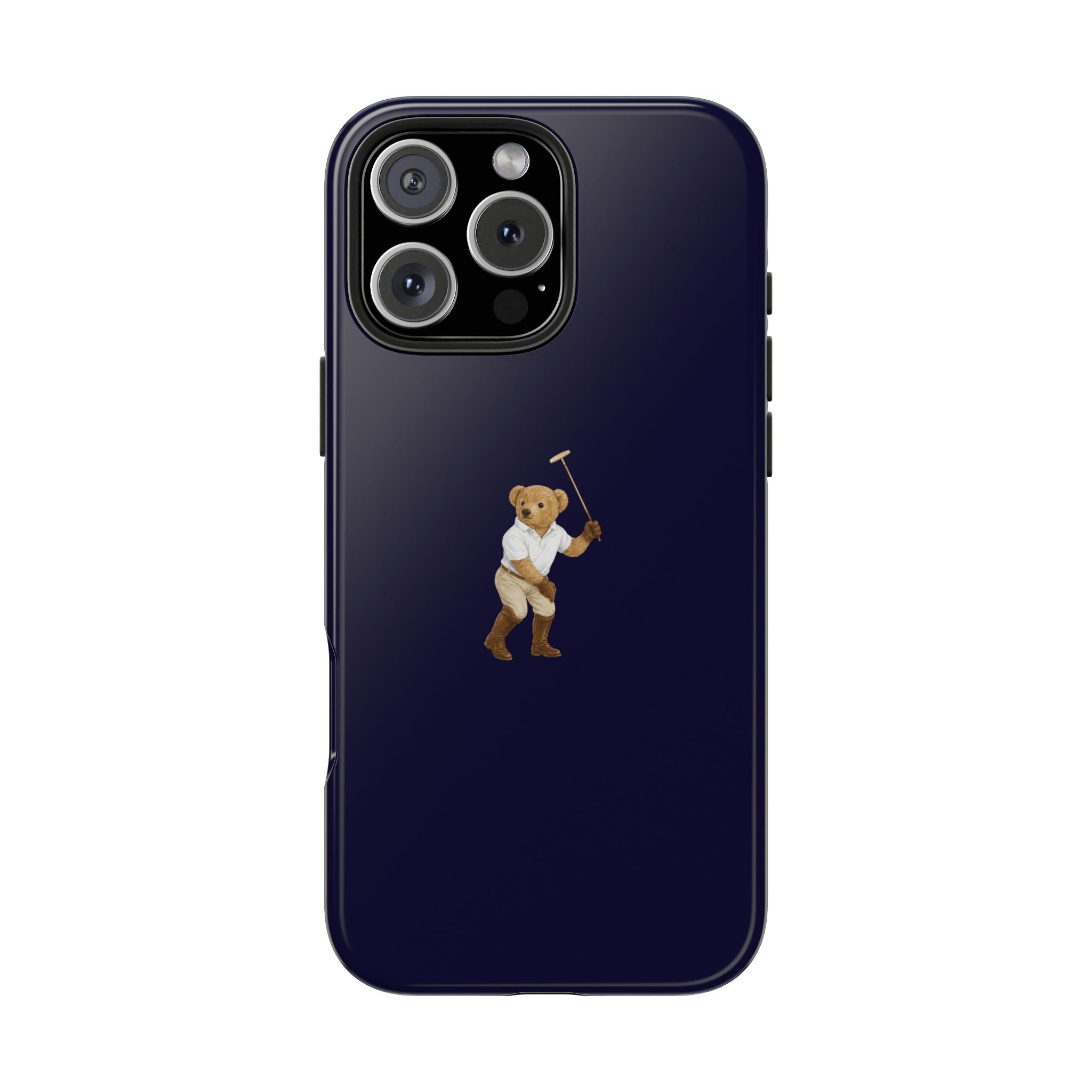 Beaumont navy blue teddy bear phone case with bear artwork near center and camera cutouts