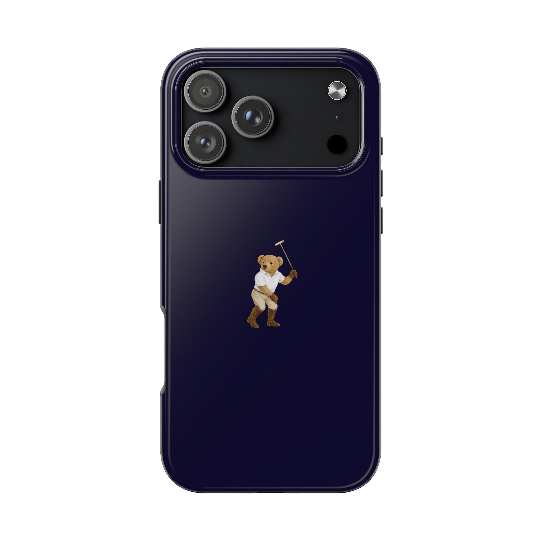 Beaumont navy blue teddy bear phone case with bear holding cane near lower center