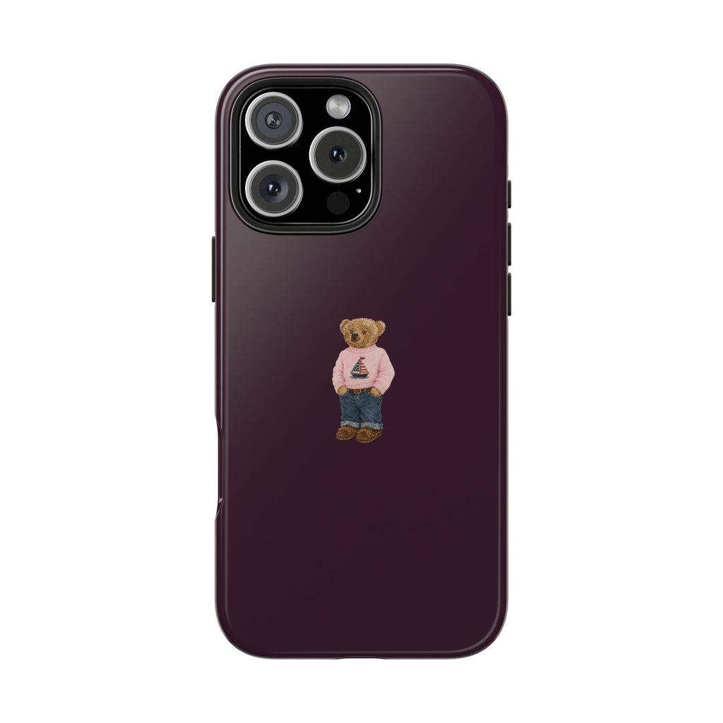 Burgundy teddy bear sailor phone case with small bear applique on back