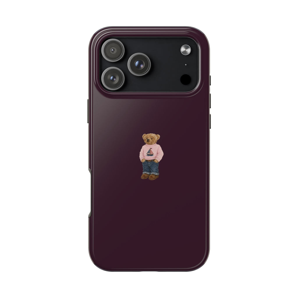 Dark plum teddy bear sailor phone case with bear graphic on back near camera