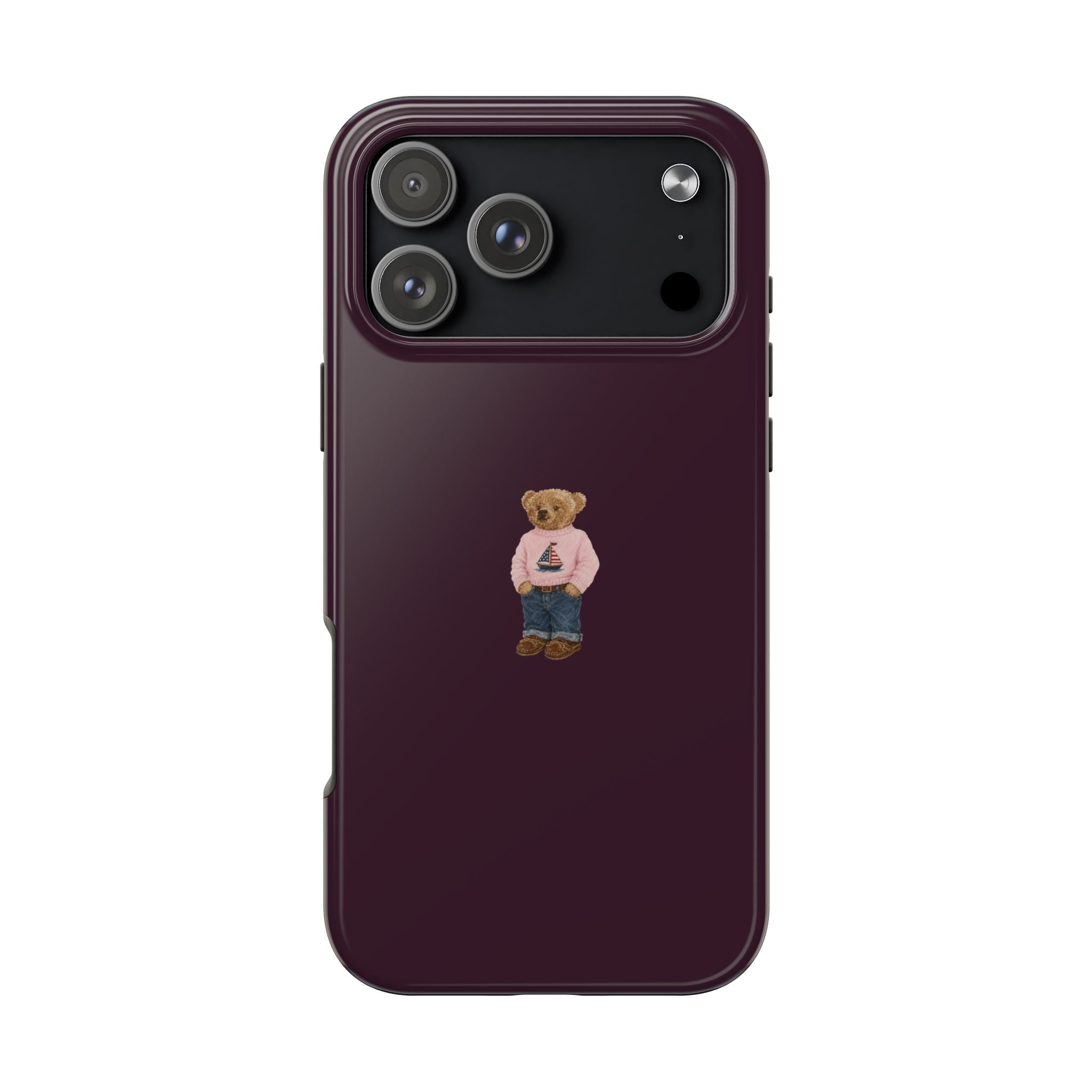Dark plum teddy bear sailor phone case with bear graphic on back near camera