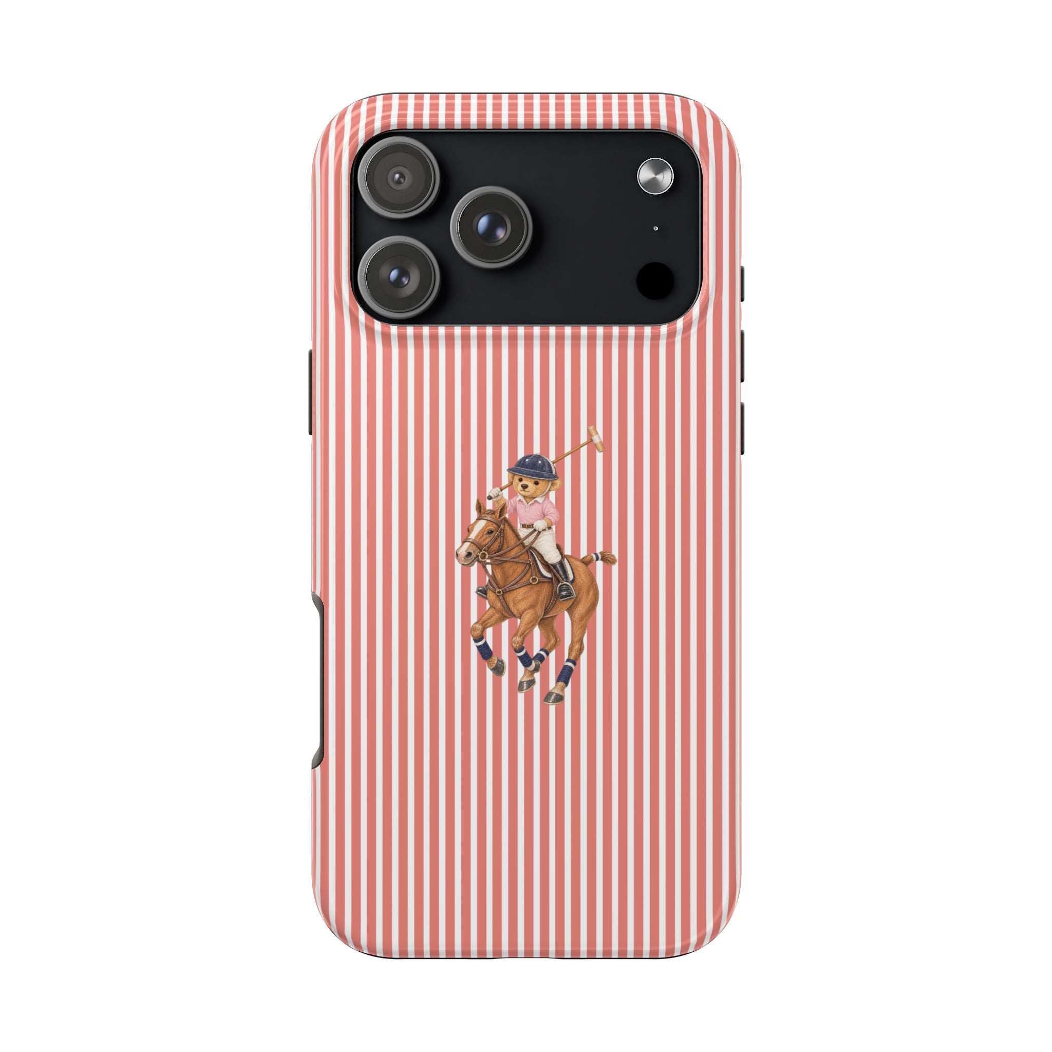 Red striped heritage teddy bear phone case with cowboy bear and camera cutouts