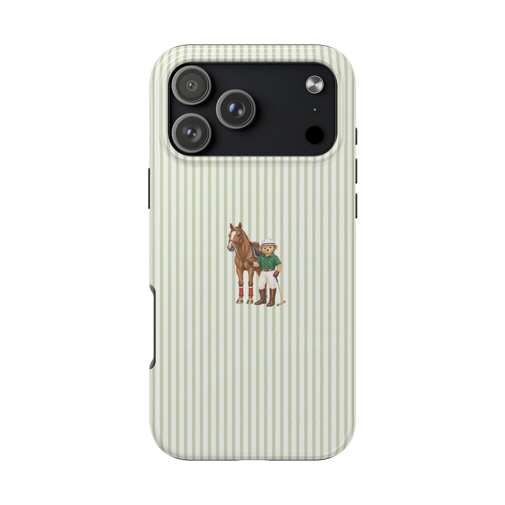 Green striped phone case with horse and teddy bear character illustration