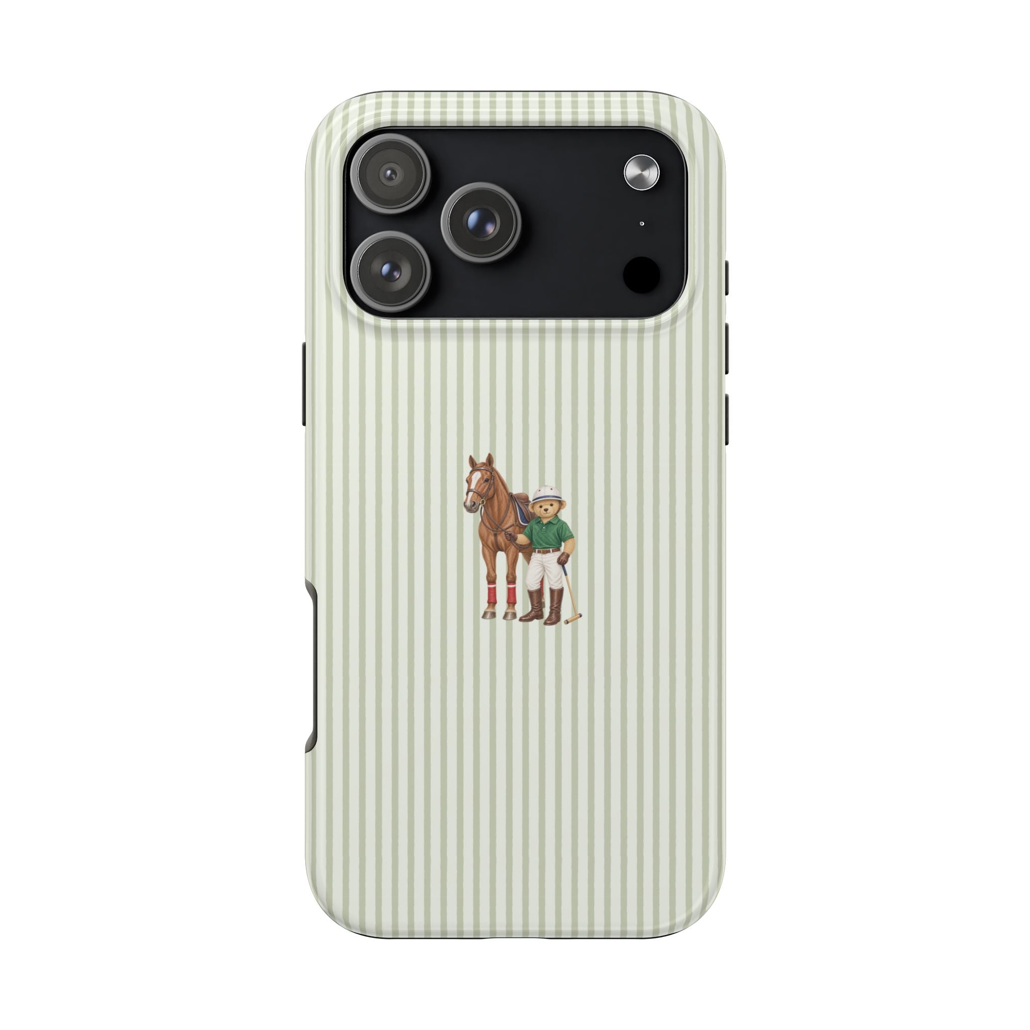 Green striped phone case with horse and teddy bear character illustration