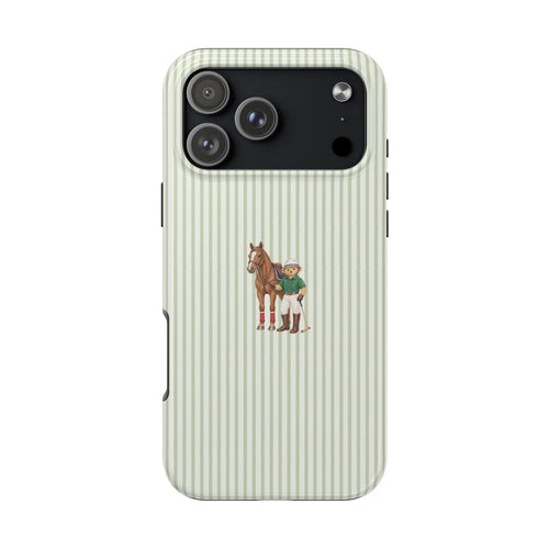 Green striped phone case with horse and teddy bear character illustration