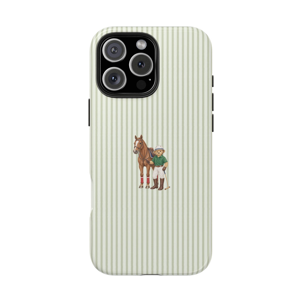 Green striped phone case with horse and teddy bear character on back