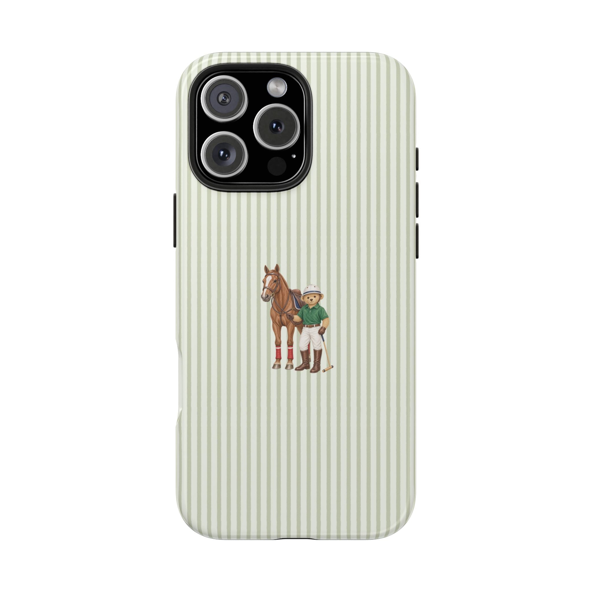 Green striped phone case with horse and teddy bear character on back