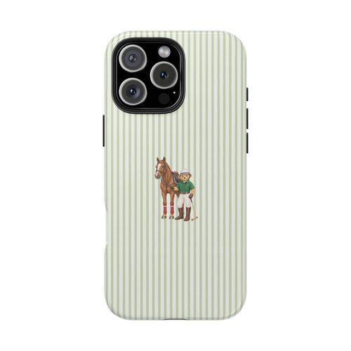 Green striped phone case with horse and teddy bear character on back