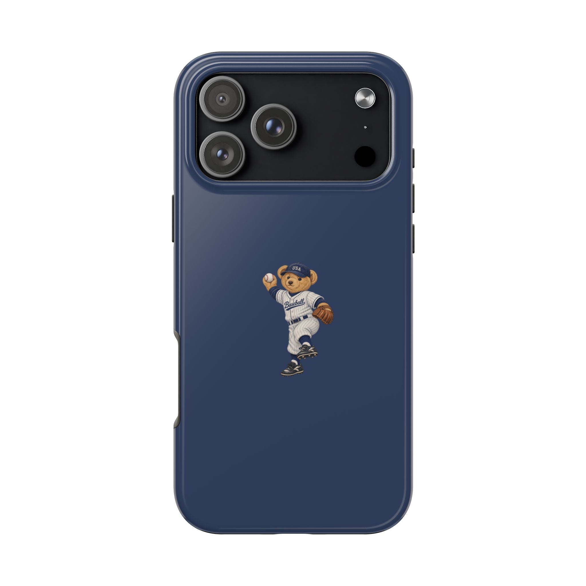 Navy blue baseball teddy bear phone case with raised camera cutouts and player graphic