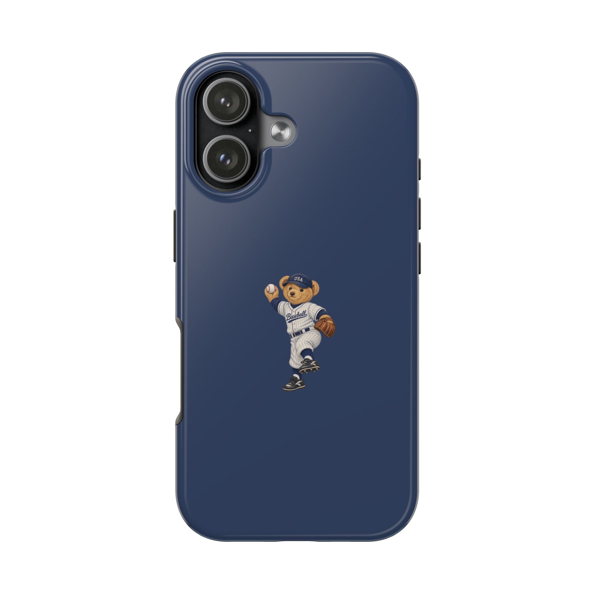 Navy blue baseball teddy bear phone case with camera cutouts and small player graphic