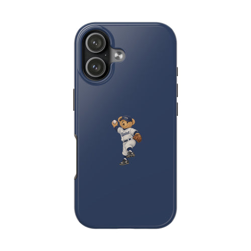 Navy blue baseball teddy bear phone case with camera cutouts and small player graphic