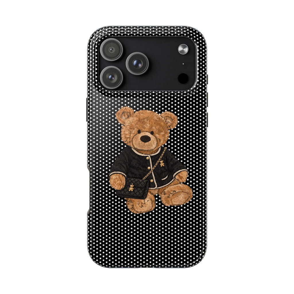 Black polka dot phone case with teddy bear illustration and raised camera cutouts