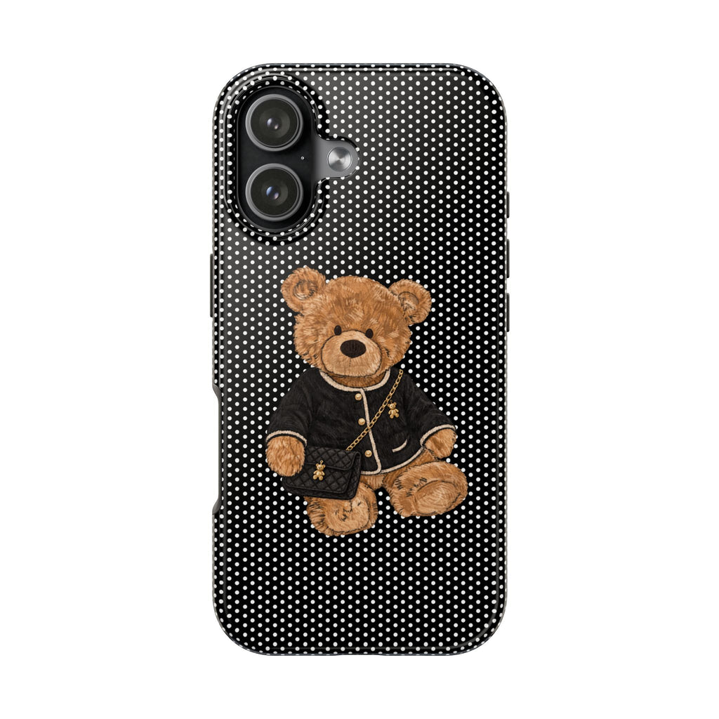 Black polka dot phone case with centered teddy bear illustration and dual camera cutouts