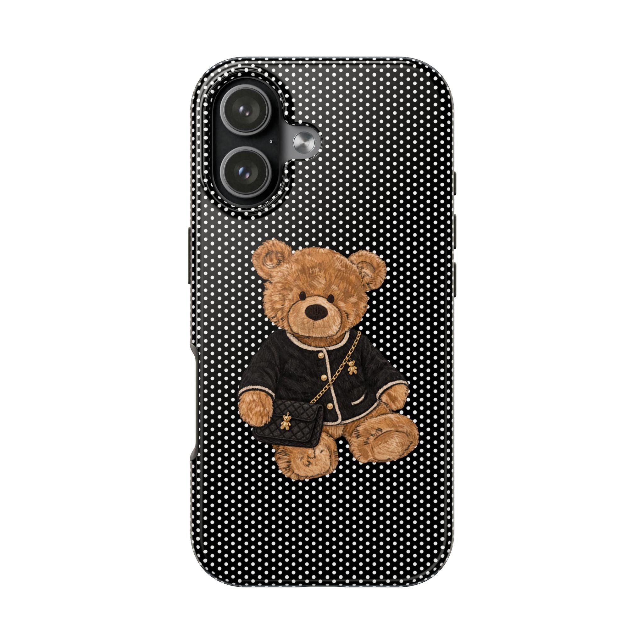 Black polka dot phone case with centered teddy bear illustration and dual camera cutouts