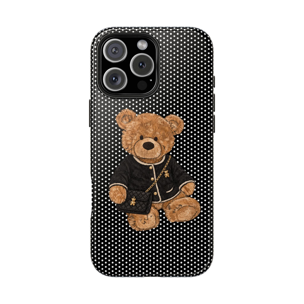 Black polka dot phone case with teddy bear portrait and triple-lens camera opening