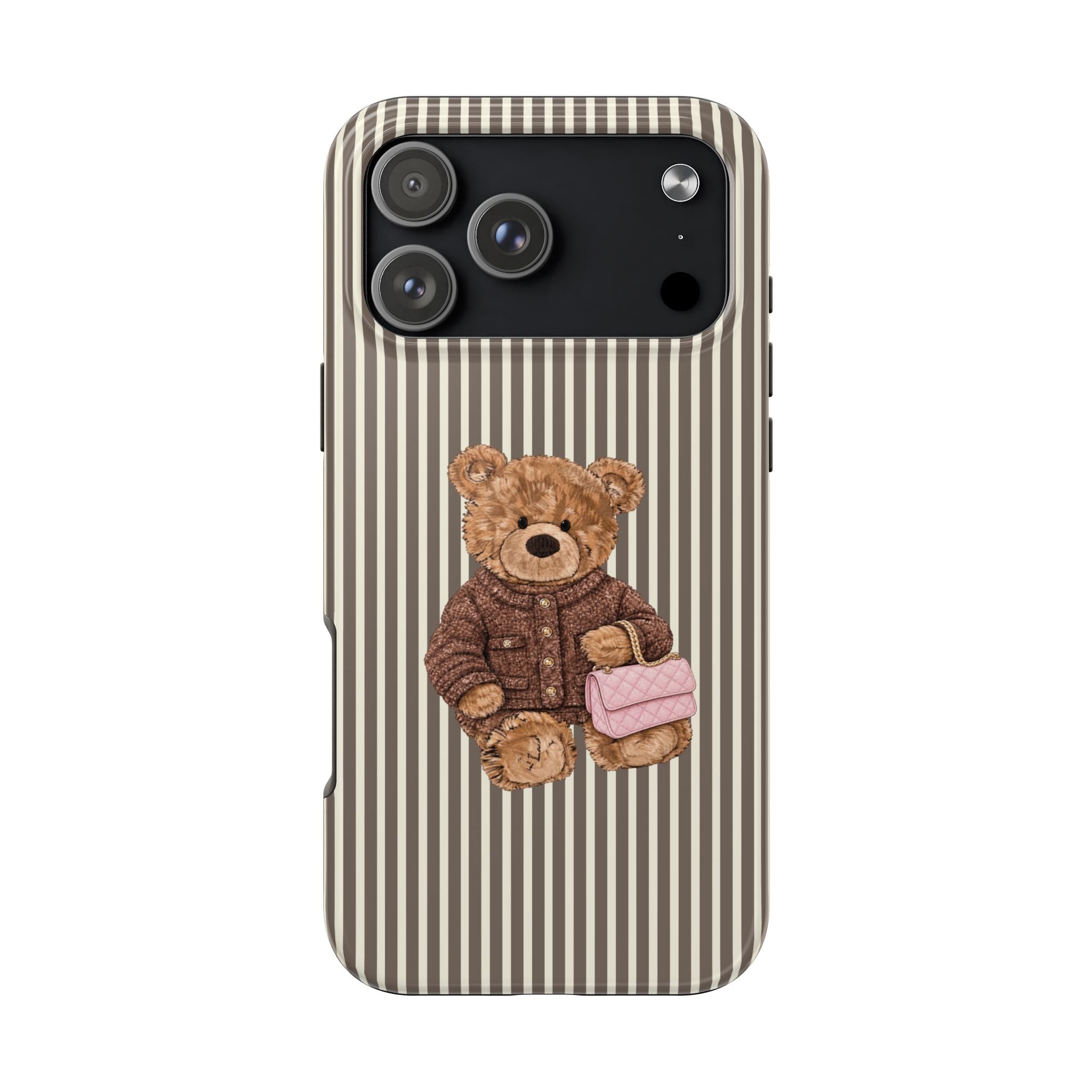 Striped teddy bear phone case with vertical brown and cream lines; bear holds a pink card