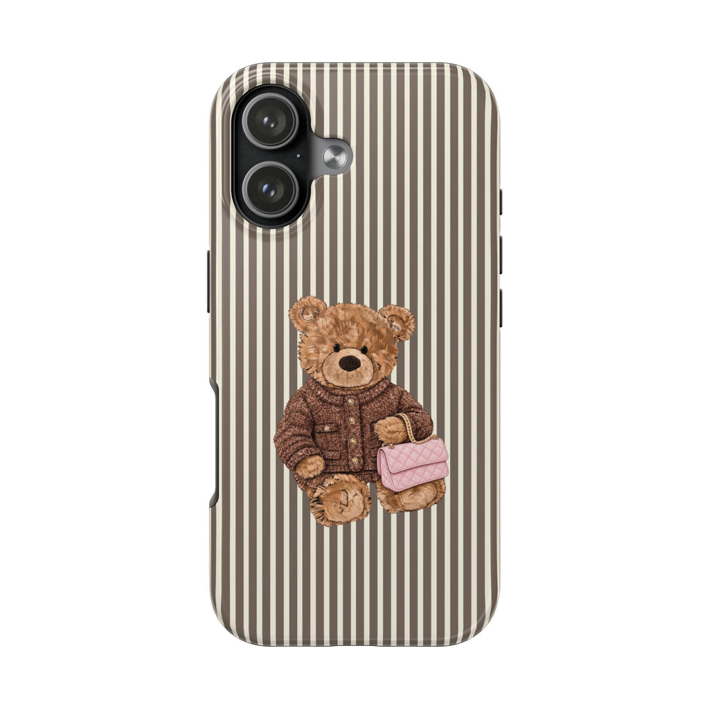 Striped teddy bear phone case, vertical brown-and-cream stripes with teddy holding a pink card
