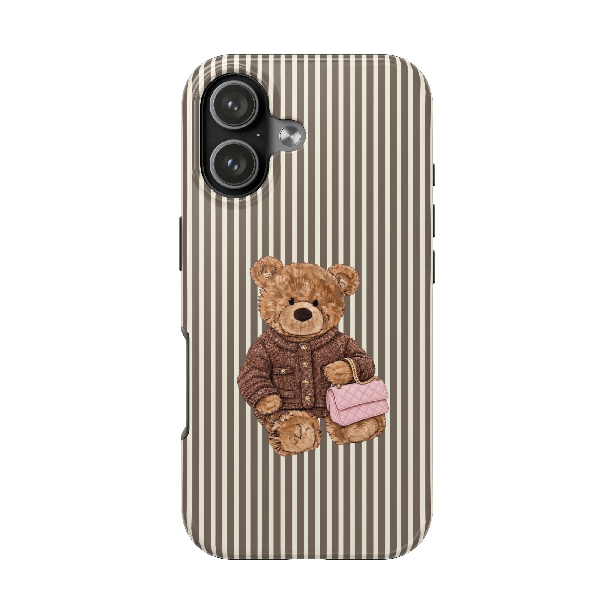 Striped teddy bear phone case, vertical brown-and-cream stripes with teddy holding a pink card