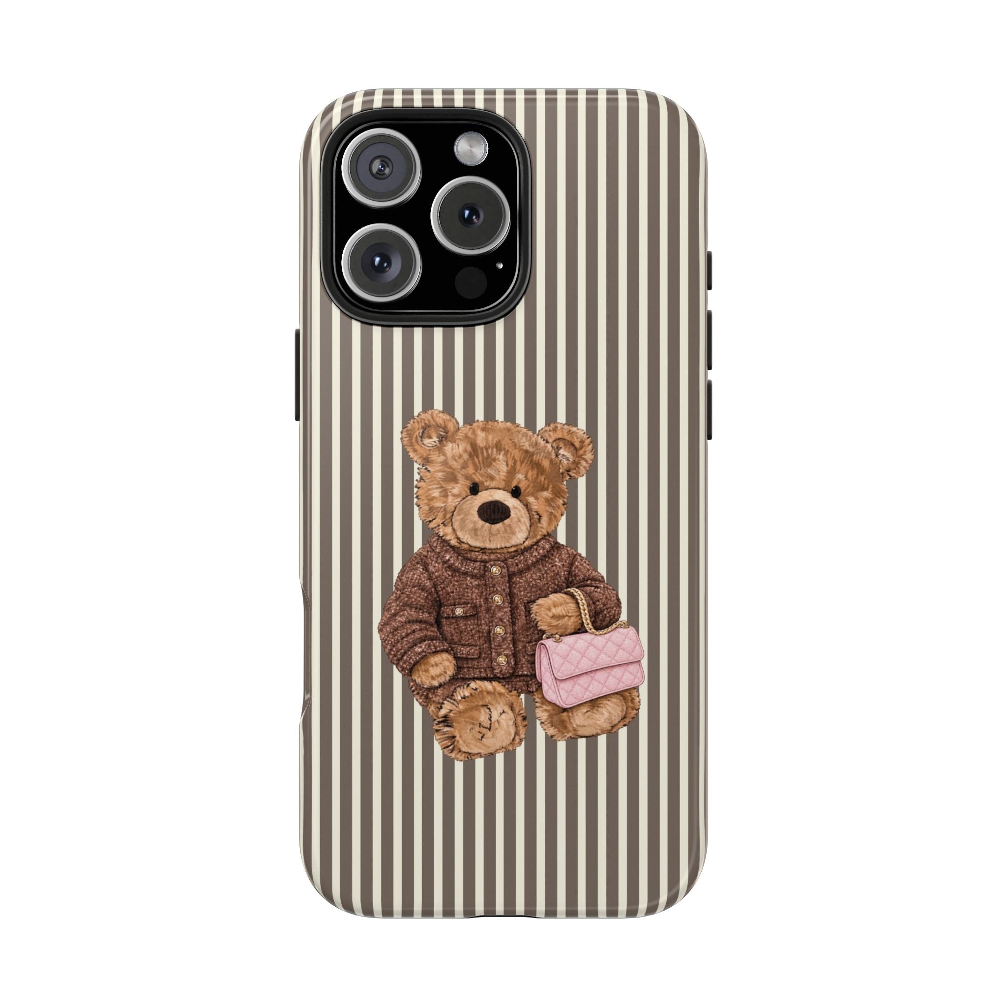 Striped teddy bear phone case with vertical lines; teddy holds a pink card in the center