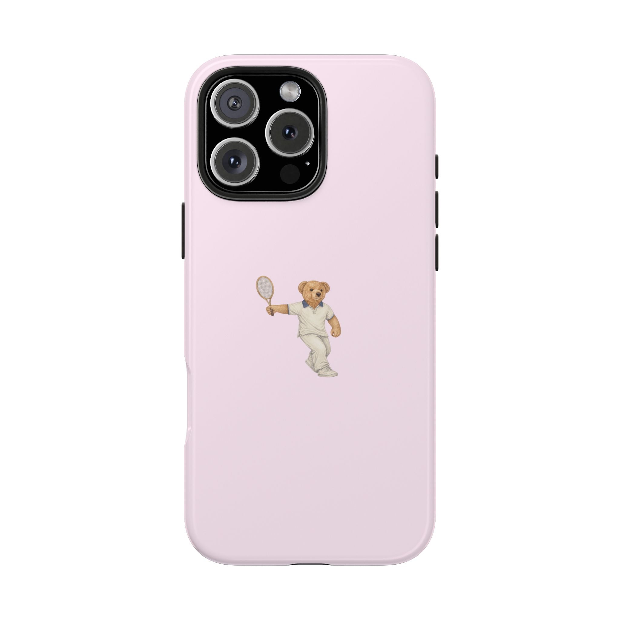 Pink phone case with tennis teddy bear figure on back
