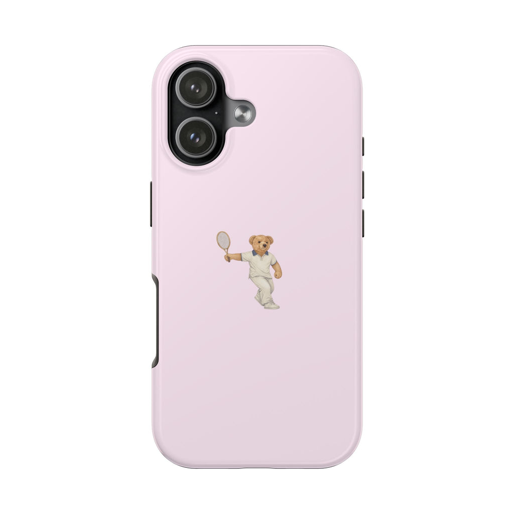 Pink phone case with tennis teddy bear figure and side button cutouts