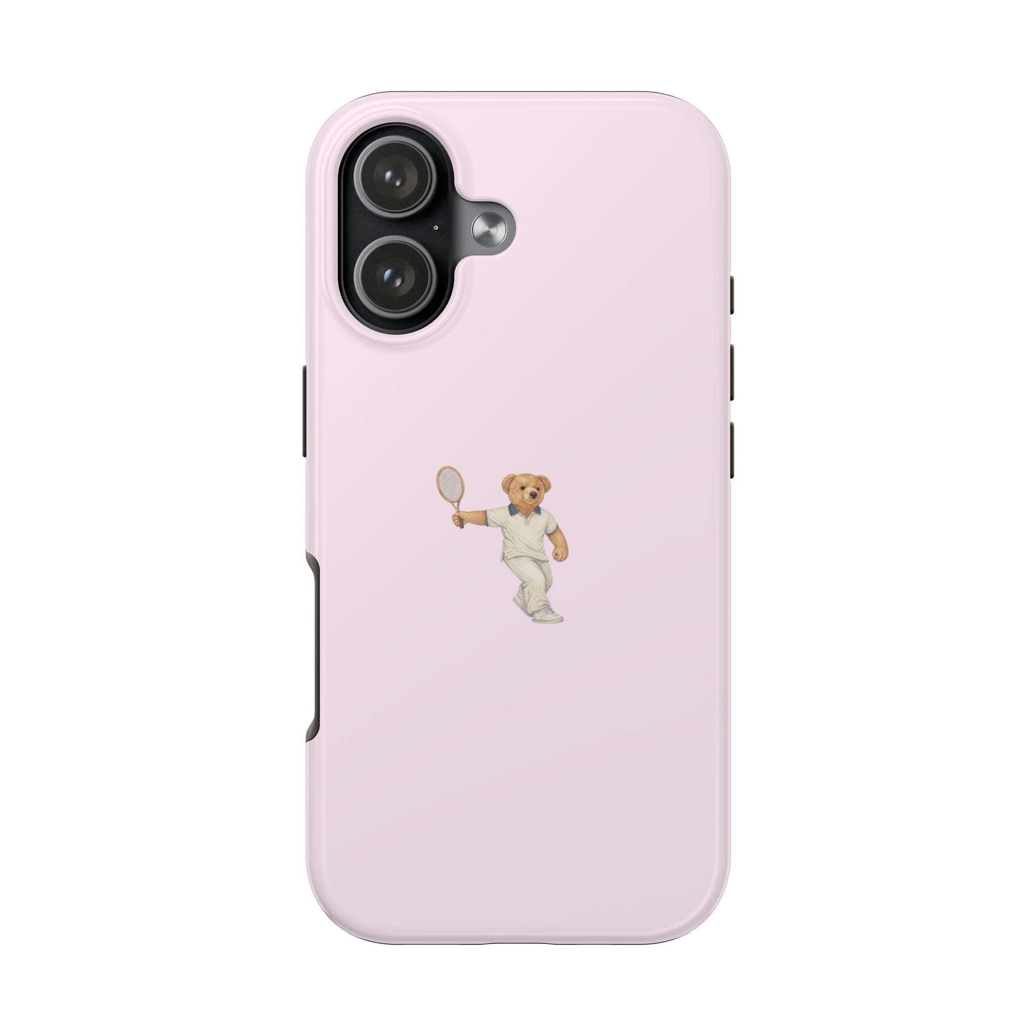 Pink phone case with tennis teddy bear figure and side button cutouts