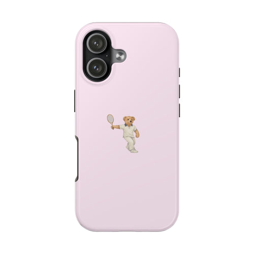 Pink phone case with tennis teddy bear figure and side button cutouts