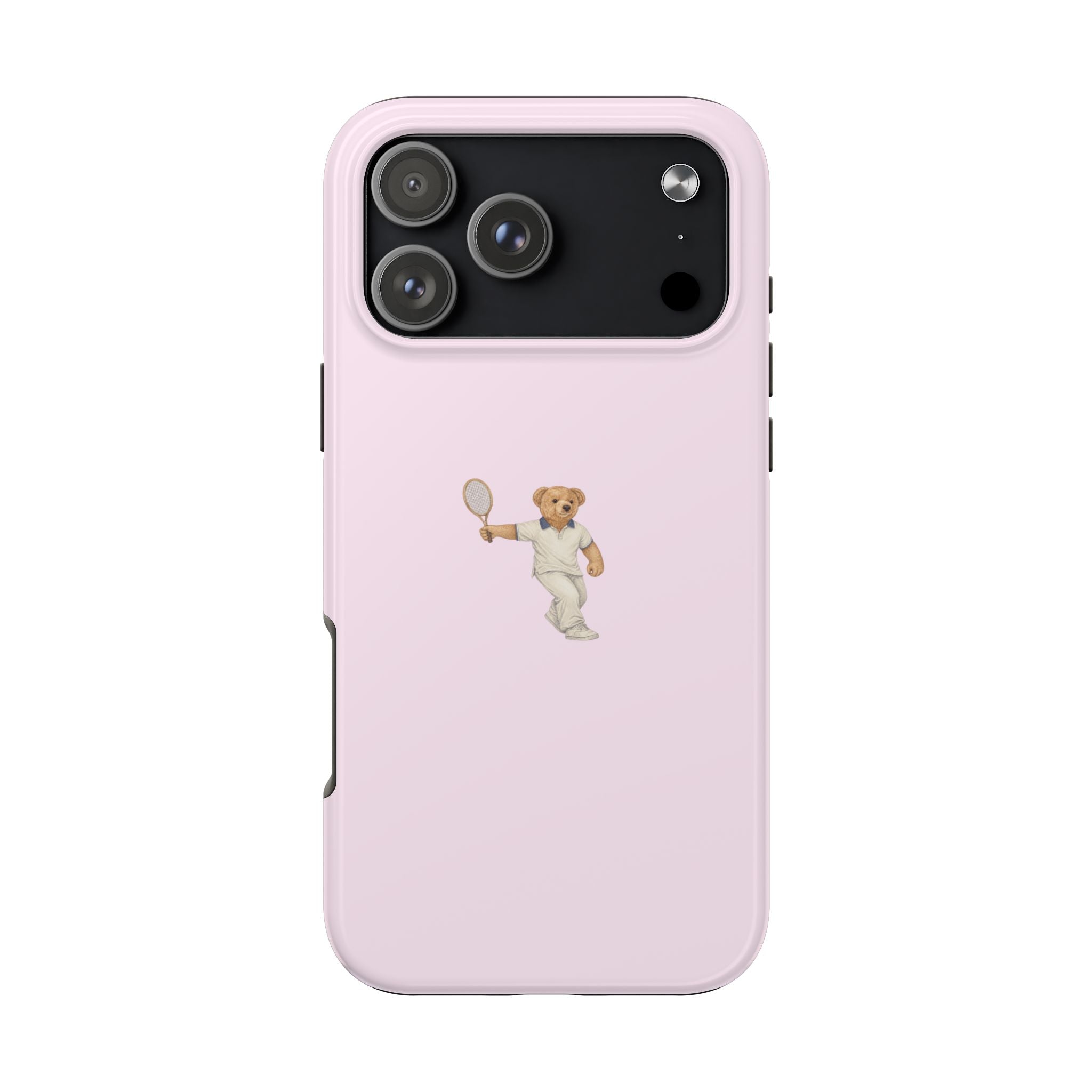 Pink phone case with tennis teddy bear figure and dark camera area