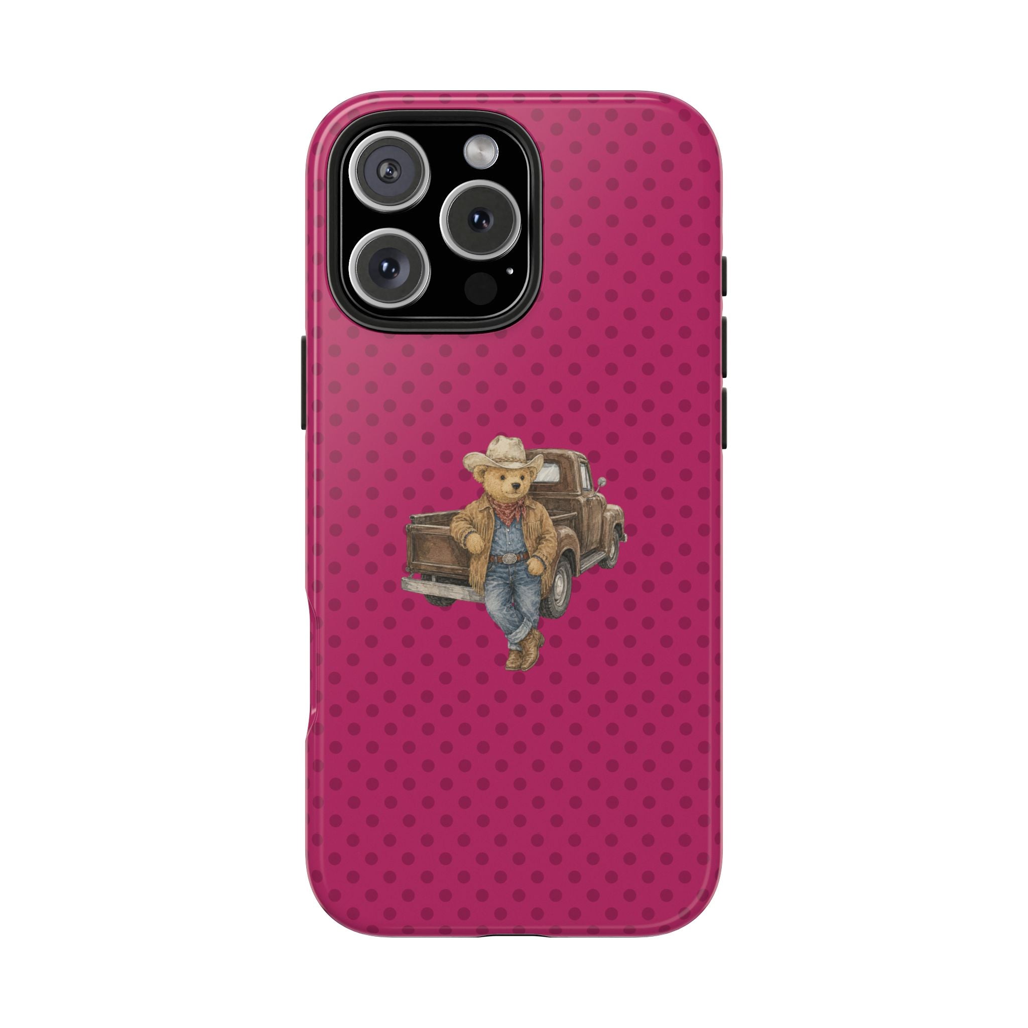 Pink polka dot phone case with cowboy teddy bear graphic and camera cutouts.