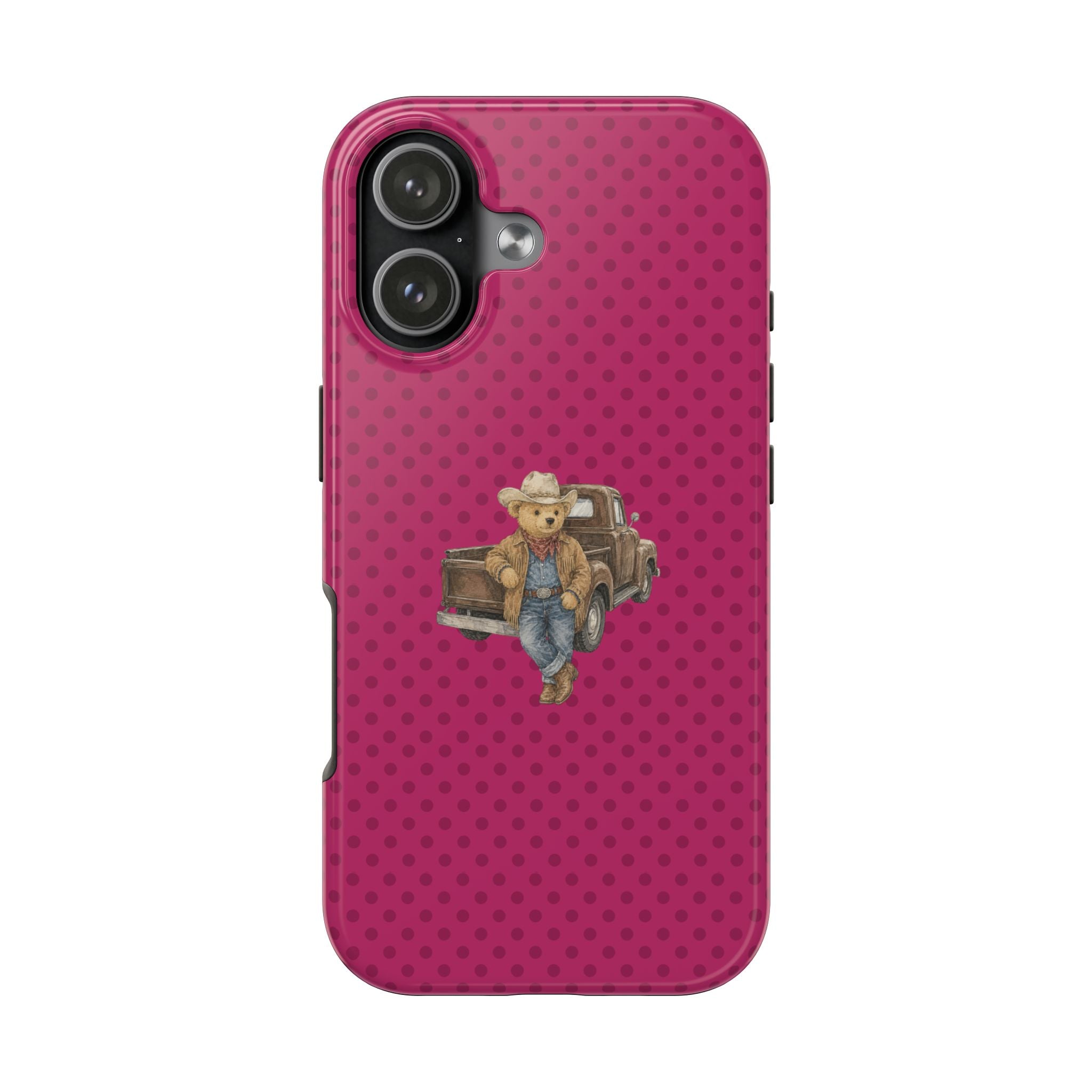 Pink polka dot phone case featuring a cowboy teddy bear holding a suitcase design.