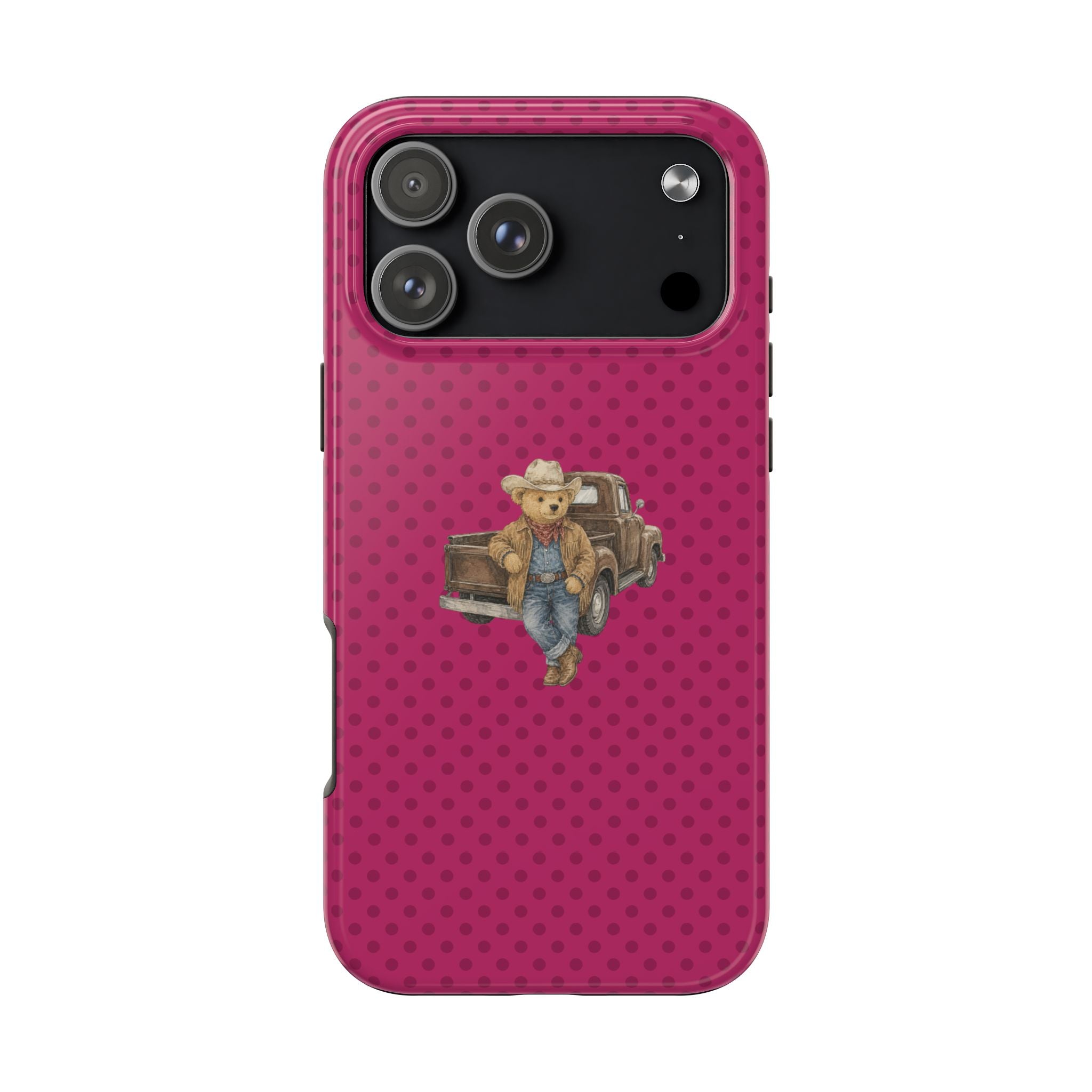 Pink polka dot phone case with cowboy teddy bear motif and raised camera rim.