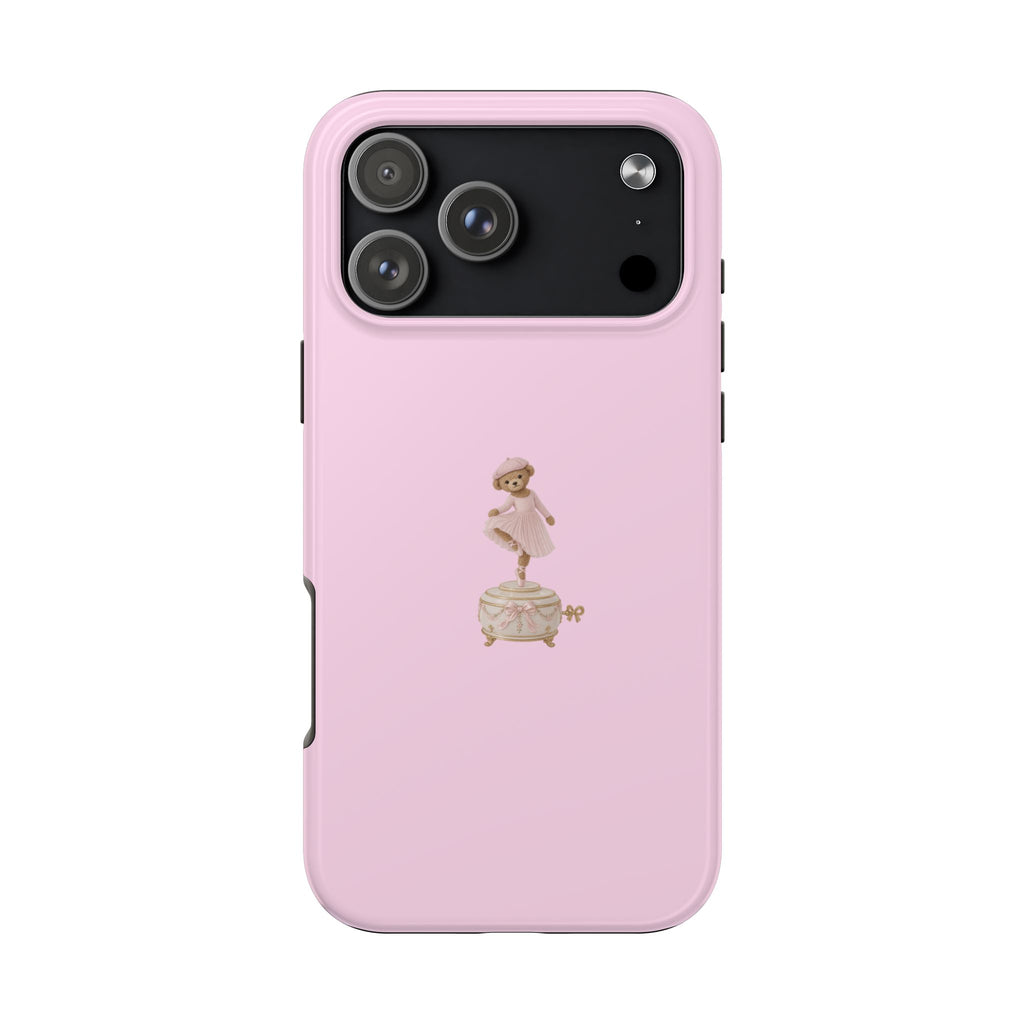 Pink phone case with ballerina teddy bear music box graphic