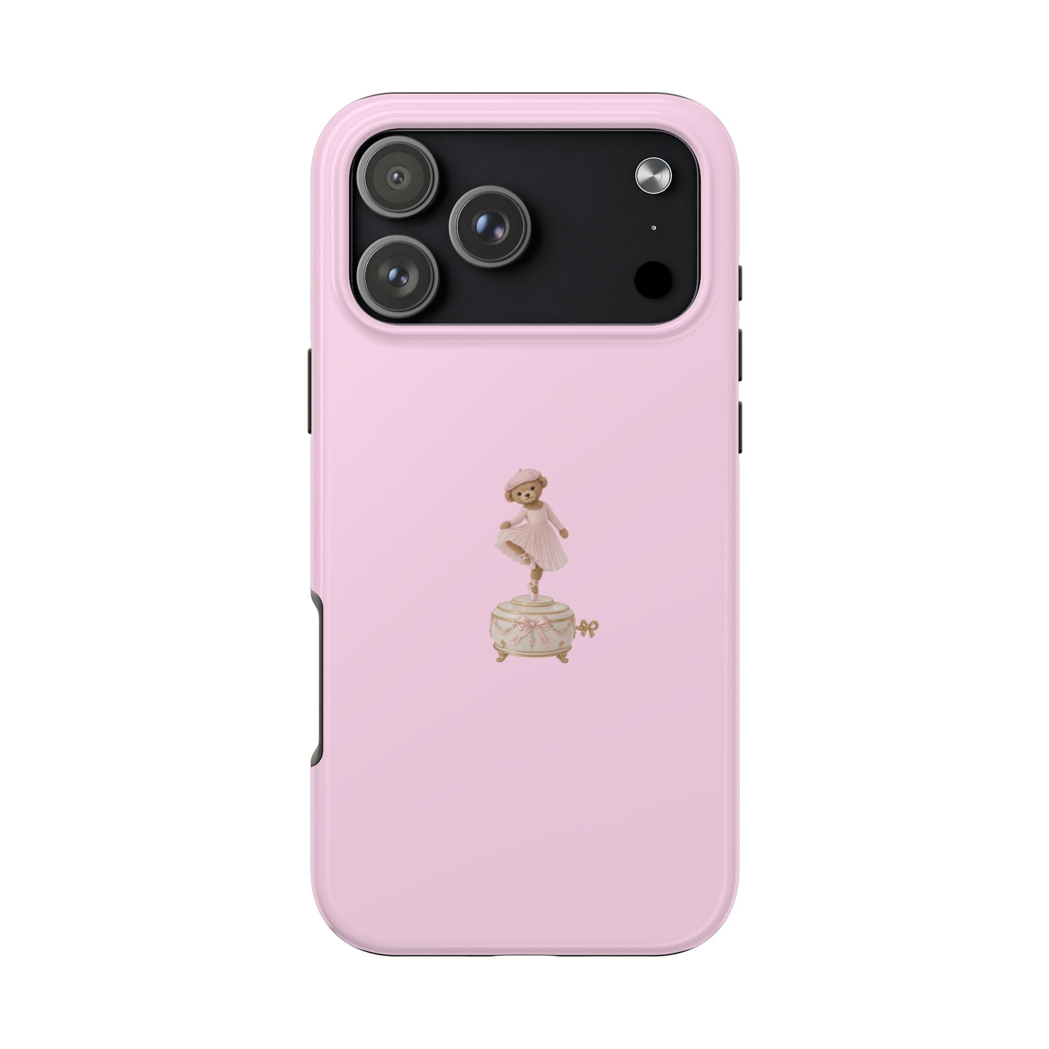 Pink phone case with ballerina teddy bear music box graphic
