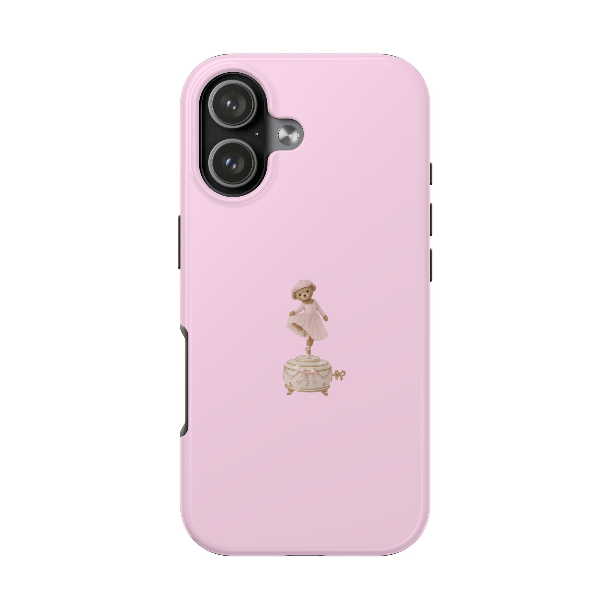 Pink phone case with centered ballerina teddy bear music box graphic