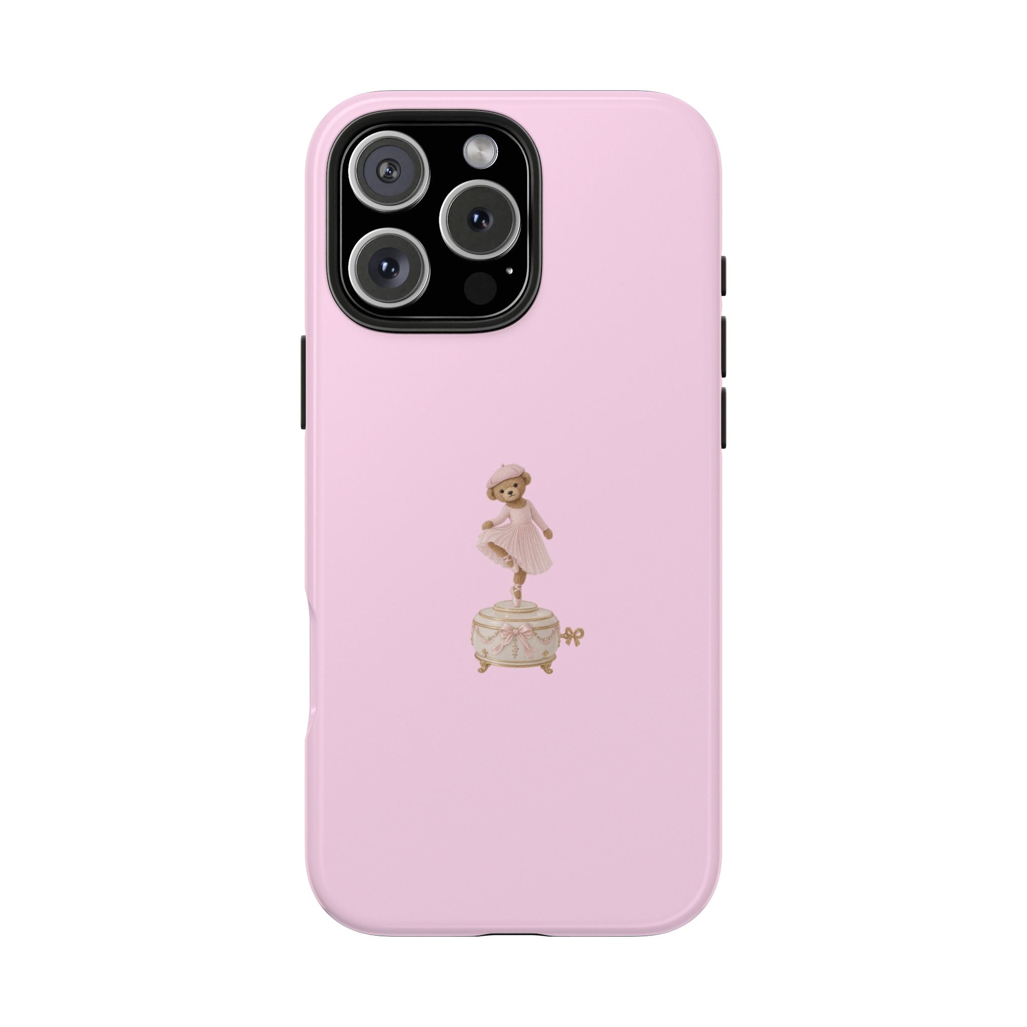 Pink phone case with small ballerina teddy bear music box figure