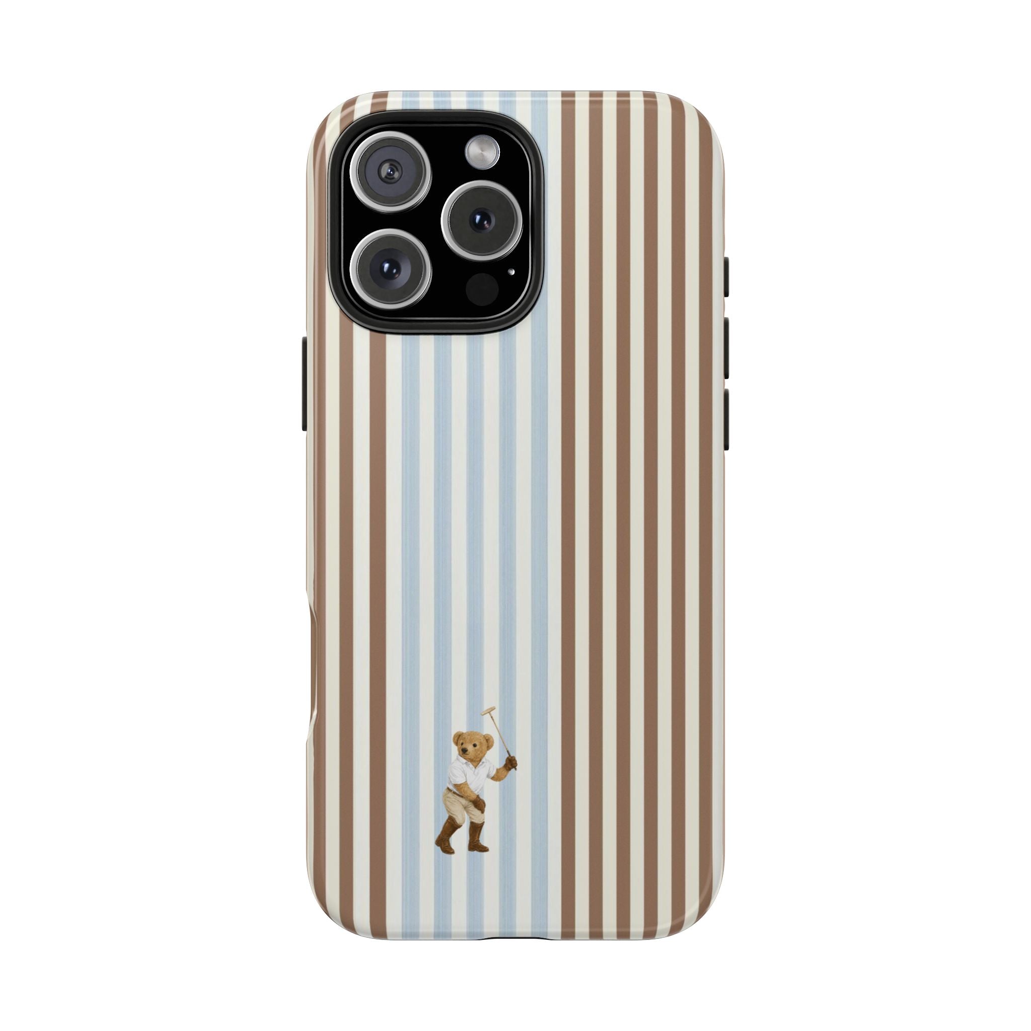 Brown and blue striped teddy bear phone case with rear camera cutouts