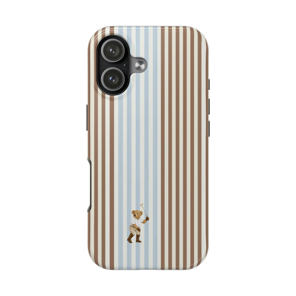 Brown and blue striped teddy bear phone case with camera lenses and side buttons