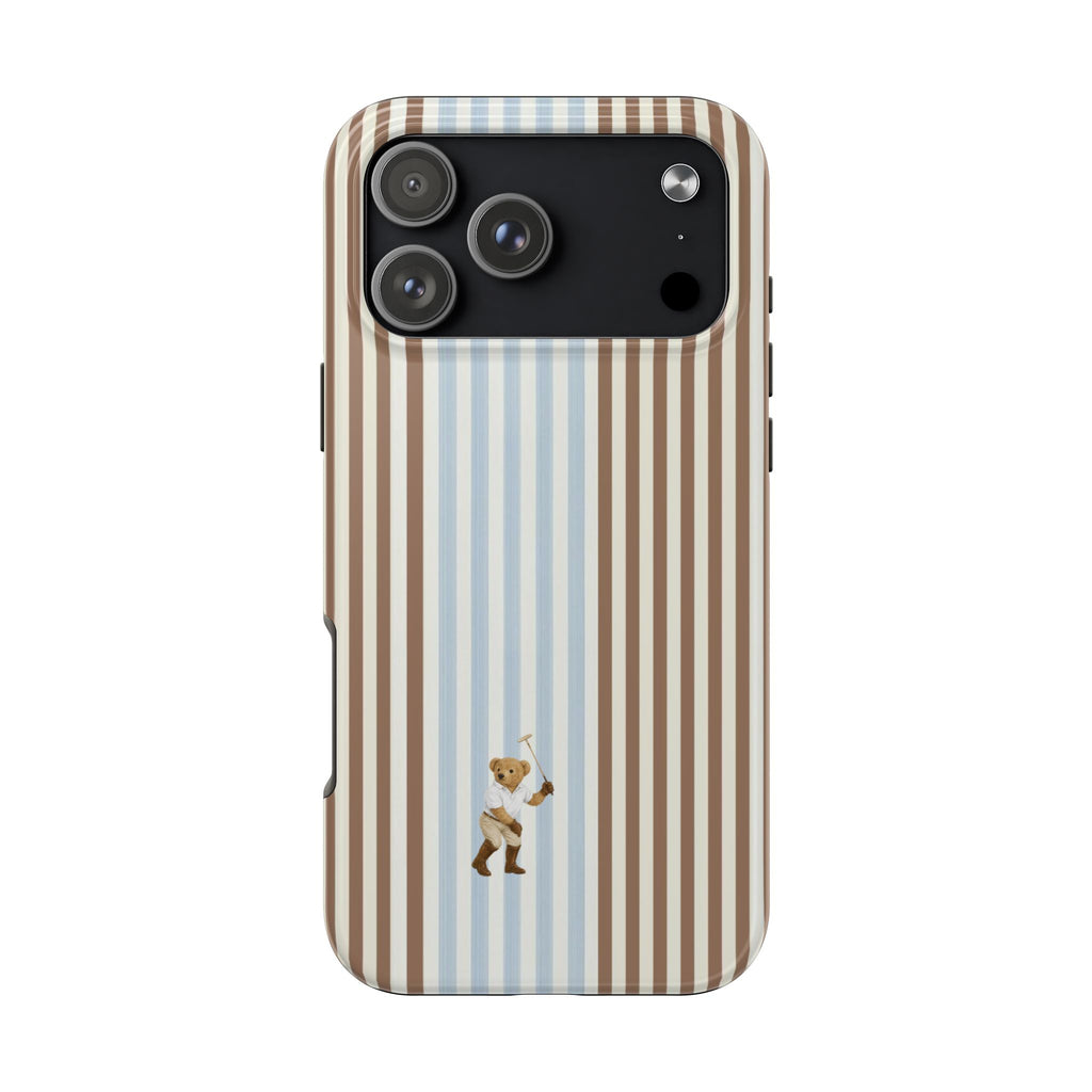 Brown and blue striped teddy bear phone case with top camera module and cutouts
