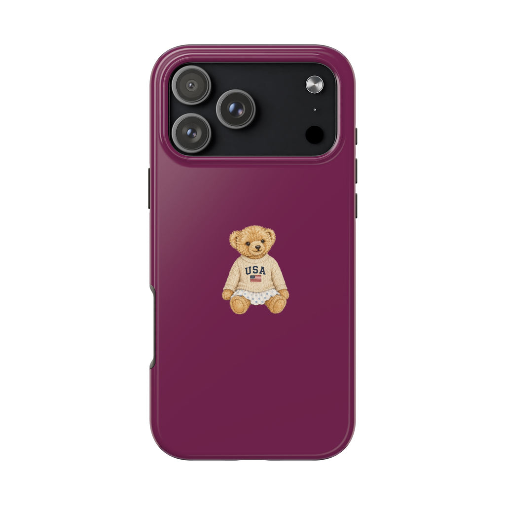Magenta phone case with teddy bear USA graphic, raised camera cutouts