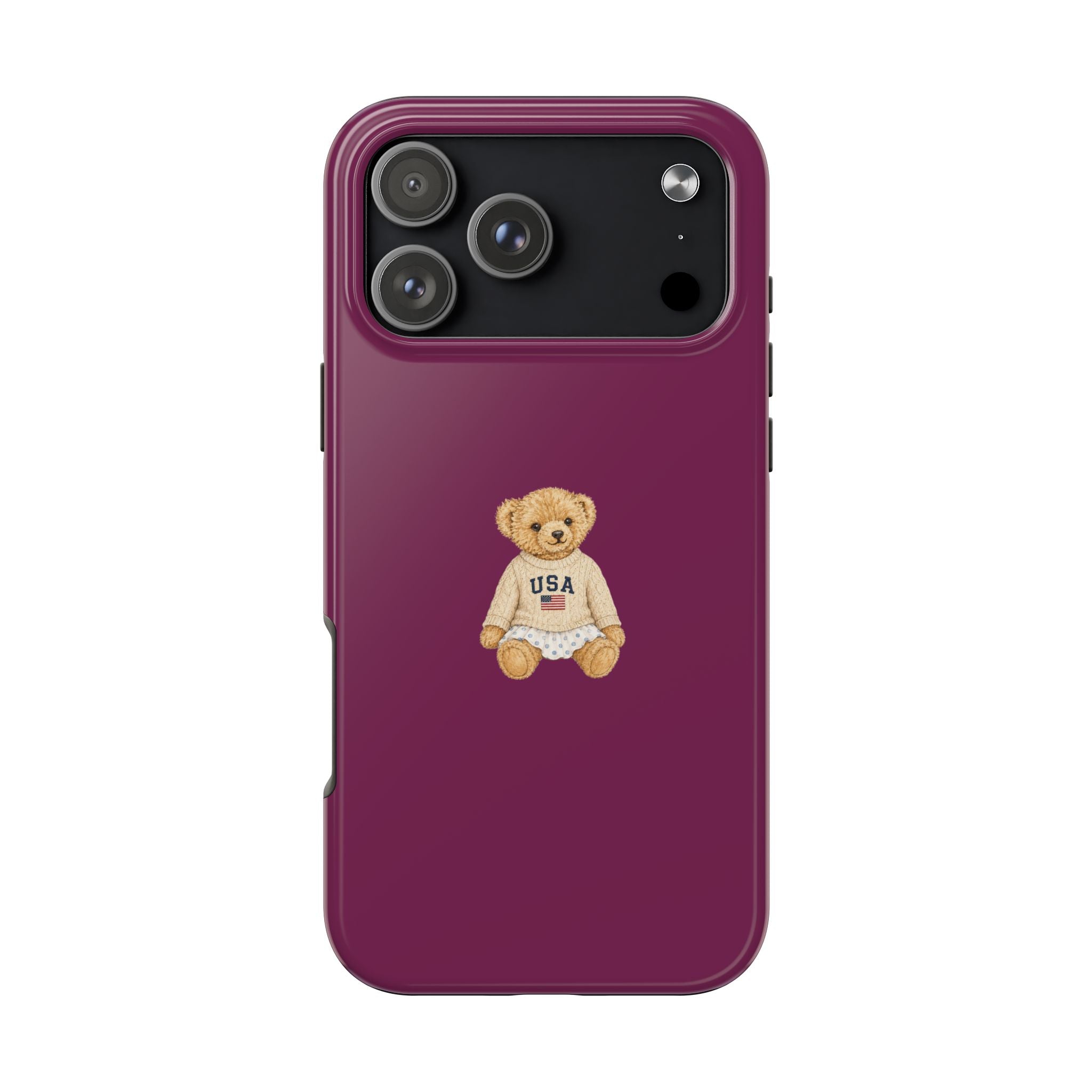 Magenta phone case with teddy bear USA graphic, raised camera cutouts