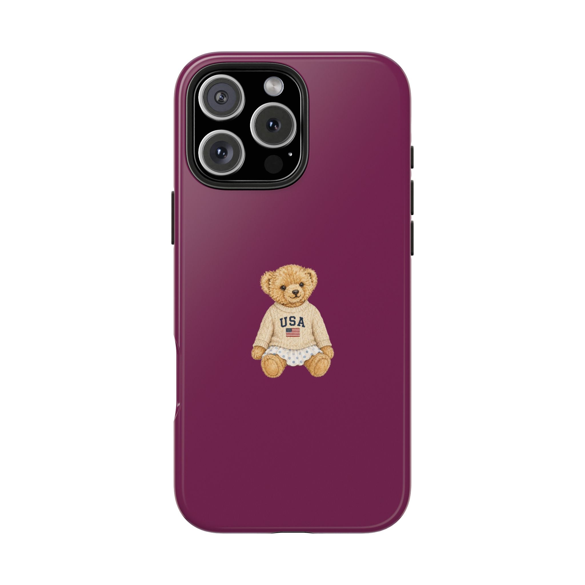 Magenta phone case with teddy bear USA graphic, centered back and camera cutouts